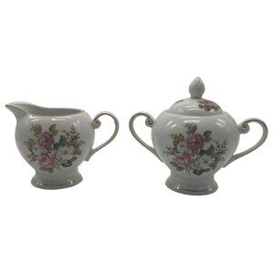VTG Old Foley HARMONY ROSE Cream & Sugar Set Floral Design Gold Trim Bone China